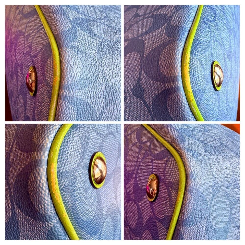COACH  - Signature Stripe Drawstring Carryall Bag in Blue w/Lime Green Trim - Picture 14 of 14